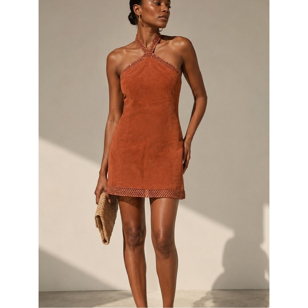 REMAIN Birger Christensen Women's Brown Crochet-trimmed Suede Halterneck Mini